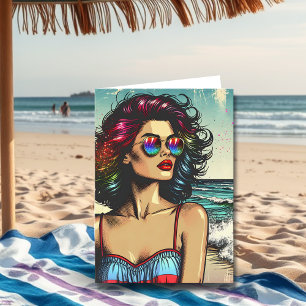 Cartão Mulher Bonita no Aniversário de Arte Pop na Praia