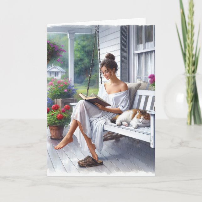 Cartão Mulher bonito Lendo um Livro de Aniversário (Frente)