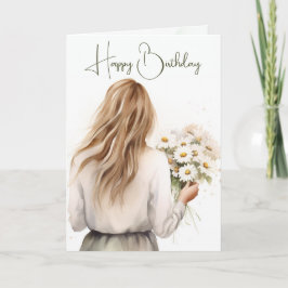 Cartão Mulher Com Buquê de Margaridas Aniversário