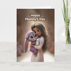 Cartão Mulher com Coelho Bebê em Roxo: Feliz Dia das Mães