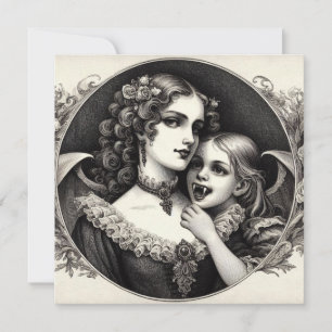 Cartão Mulher com Criança Vampira Ilustração Vintage