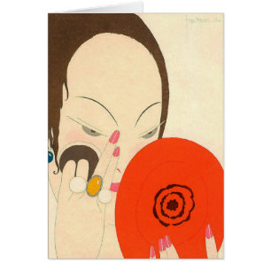 Cartão MULHER COM ESPELHO VERMELHO Maquiagem de beleza de