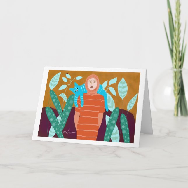 Cartão Mulher com o gato em garden.2 (Frente)