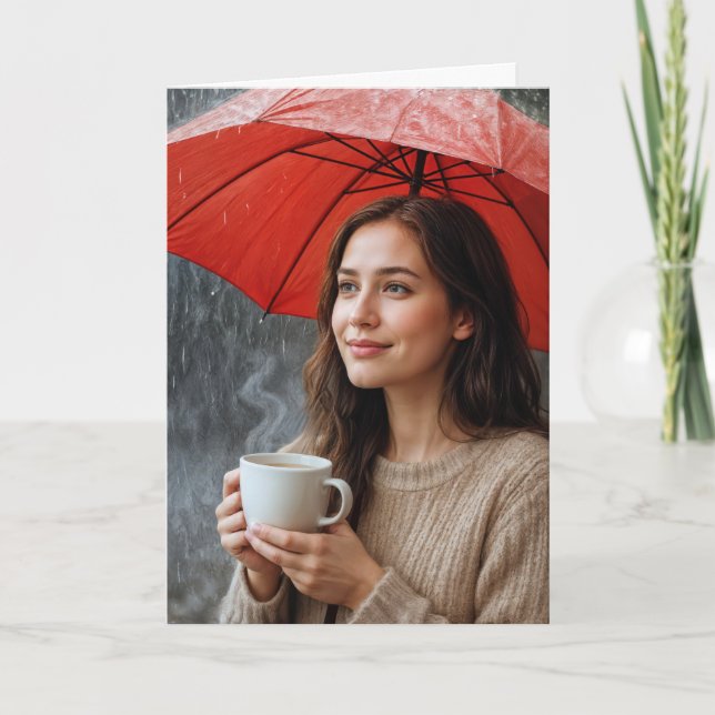 Cartão Mulher com taça quente de café sob guarda-chuva ve (Frente)