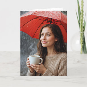 Cartão Mulher com taça quente de café sob guarda-chuva ve