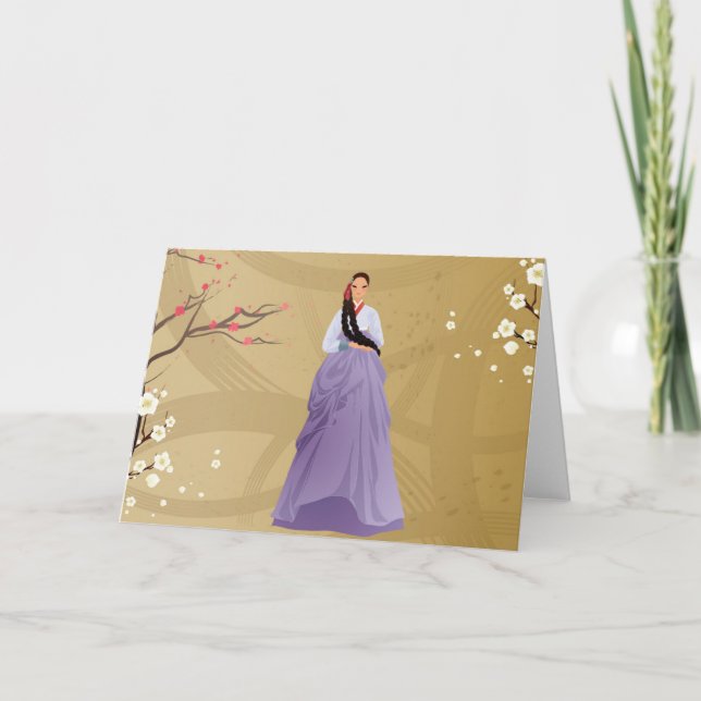 Cartão mulher coreana que veste um hanbok (Frente)