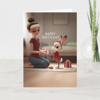 Cartão Mulher Dando Presente de Aniversário ao Coelho de