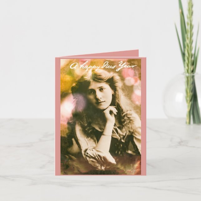 Cartão Mulher de Ano Novo Vintage de Rosa (Frente)