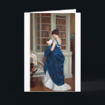 Cartão Mulher de azul, lendo um livro<br><div class="desc">Mulher de vestido azul deixou a festa para ir à biblioteca.</div>