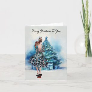 Cartão Mulher de Natal e árvore de Natal azul