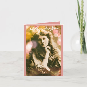 Cartão Mulher de Vintage de Ano Novo a rosa