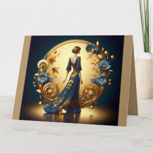 Cartão Mulher Deco Elegante em Dourado e Azul