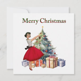 Cartão Mulher do Natal de 1950 com árvore de Natal