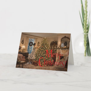 Cartão Mulher do Natal de 1950 decorando árvore de Natal