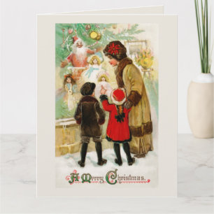 Cartão Mulher e crianças vintage de Natal fazendo compras