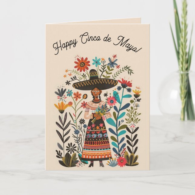 Cartão Mulher Editável Com Chapéu e Flores Cinco de Maio (Frente)