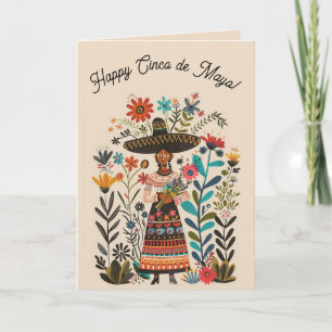 Cartão Mulher Editável Com Chapéu e Flores Cinco de Maio