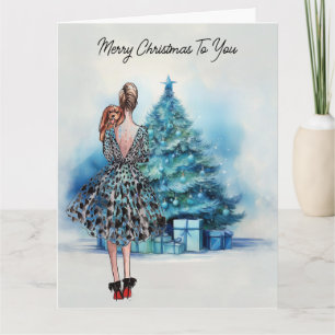 Cartão Mulher feliz natal e árvore de Natal azul