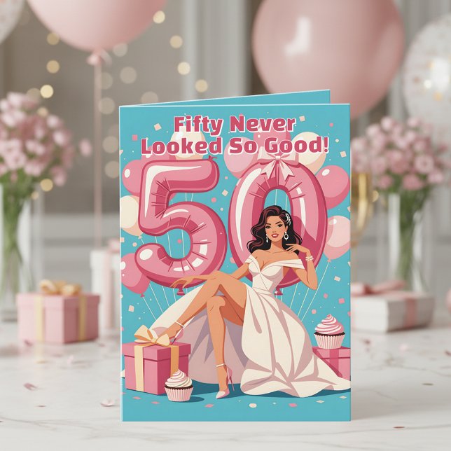 Cartão Mulher Glamorosa Elegante 50ª Aniversário Saudação (Criador carregado)