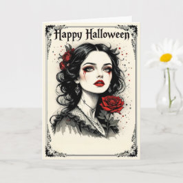 Cartão Mulher Gótica Vitoriana do Halloween com Rosa verm