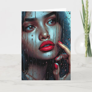 Cartão Mulher hispânica bonita assistindo à chuva