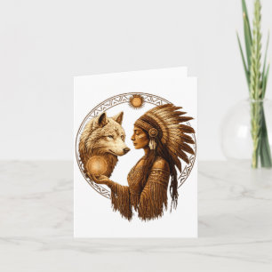 Cartão Mulher Indígena Americana Nativa Com Lobo Branco V