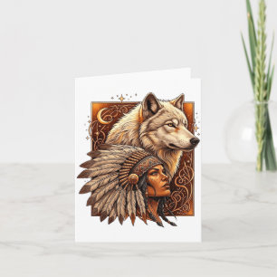 Cartão Mulher Indígena Americana Nativa Com Lobo Branco V