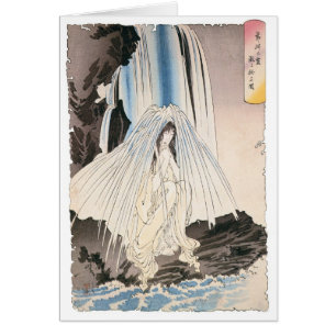 Cartão Mulher japonesa na cachoeira, arte japonesa antiga