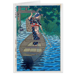 Cartão Mulher japonesa oriental legal da pesca do barco