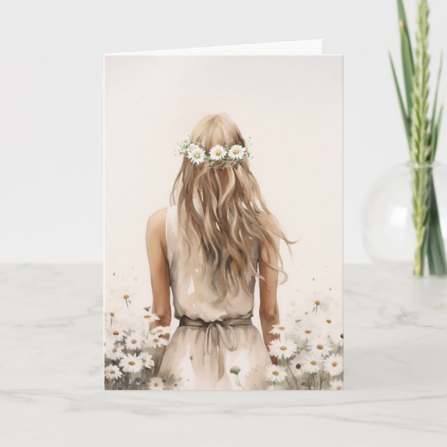 Cartão Mulher Jovem No Campo De Daisy (Frente)