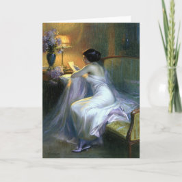 Cartão mulher lendo carta antiga pintura