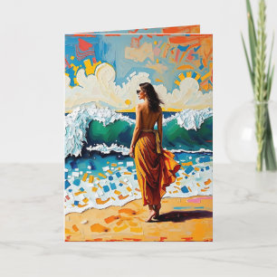 Cartão Mulher na praia Abstrato pensando em você