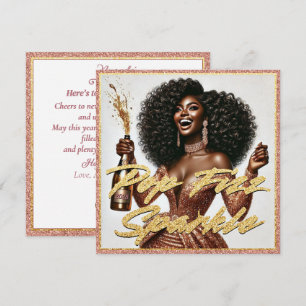 Cartão Mulher Negra Elegante Champanhe Dourado Rosa Ano N