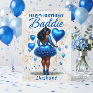 Cartão Mulher Negra Glam Aniversário Baddie Azul Floral