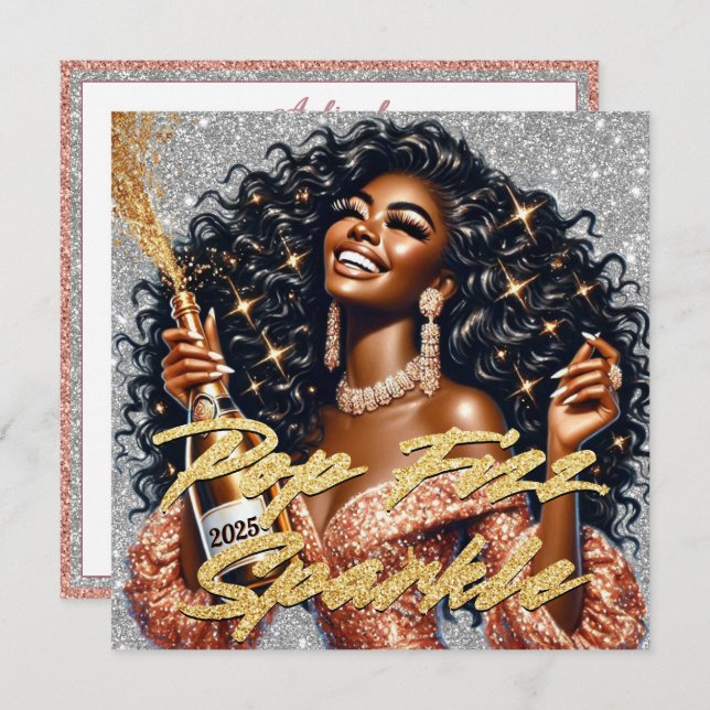 Cartão Mulher Negra Glamorosa Povoando Champanhe no Ano N (Frente/Verso)