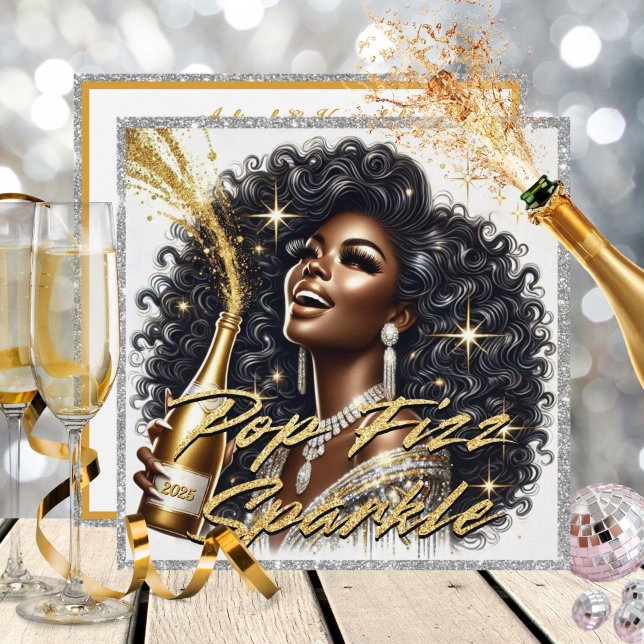Cartão Mulher Negra Glamorosa Povoando Champanhe no Ano N (Illustration of a glamorous Black woman wearing a silver & gold outfit, popping champagne bottle)
