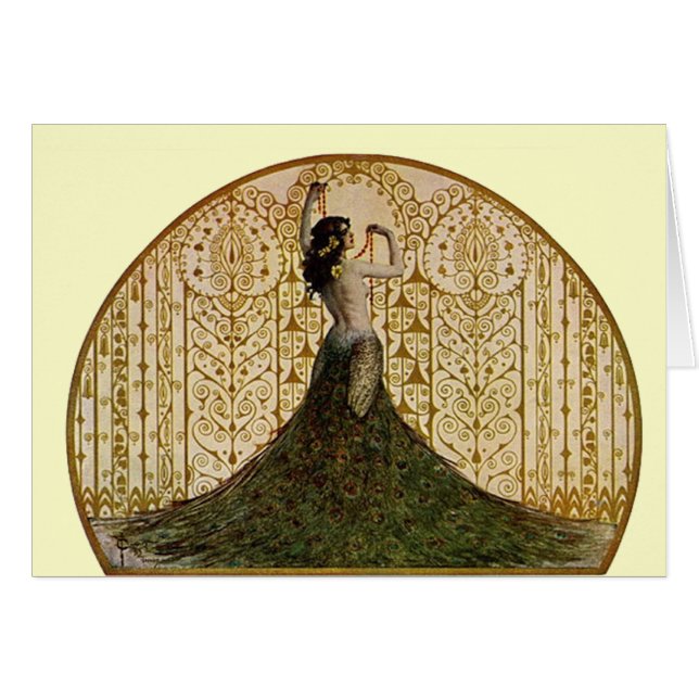 Cartão Mulher numa saia peacock (Frente Horizontal)