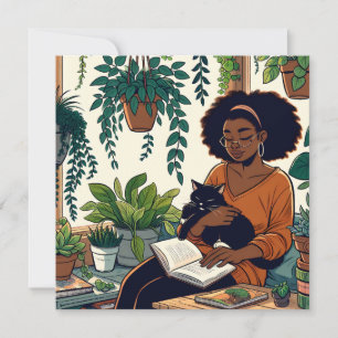 Cartão Mulher Relaxando com Gato, um Bom Livro e Plantas