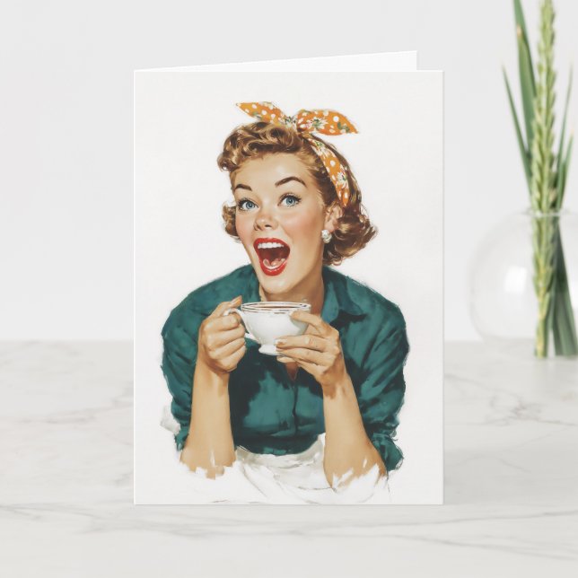 Cartão Mulher Retro Alegre Disfrutando Café (Frente)