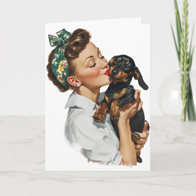 Cartão Mulher Retro Beijando Dachshund Fofo (Frente)