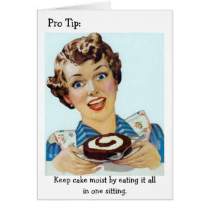 Cartão Mulher retro - comendo todo seu bolo,