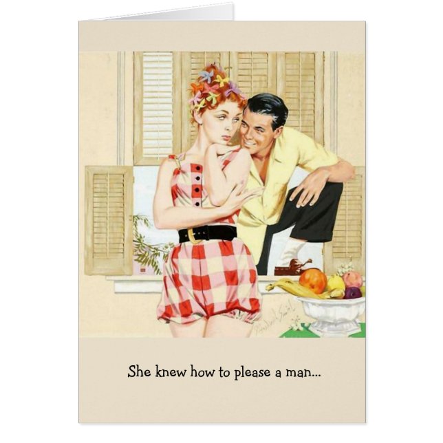 Cartão Mulher retro - como satisfazer um homem, (Frente)