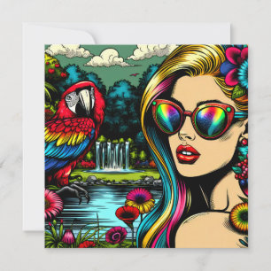 Cartão Mulher Retro e Papagaio no Parque Pop Art