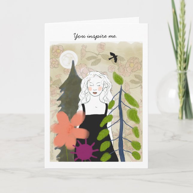 Cartão Mulher sob a lua com pintura do pássaro (Frente)