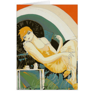 Cartão Mulher Vintage Art Déco Reclinada no Sofá, Chompre