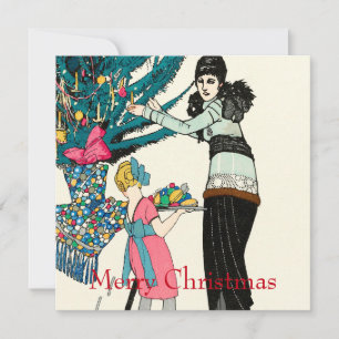 Cartão Mulher Vintage de 1930 Decorando a Árvore de Natal