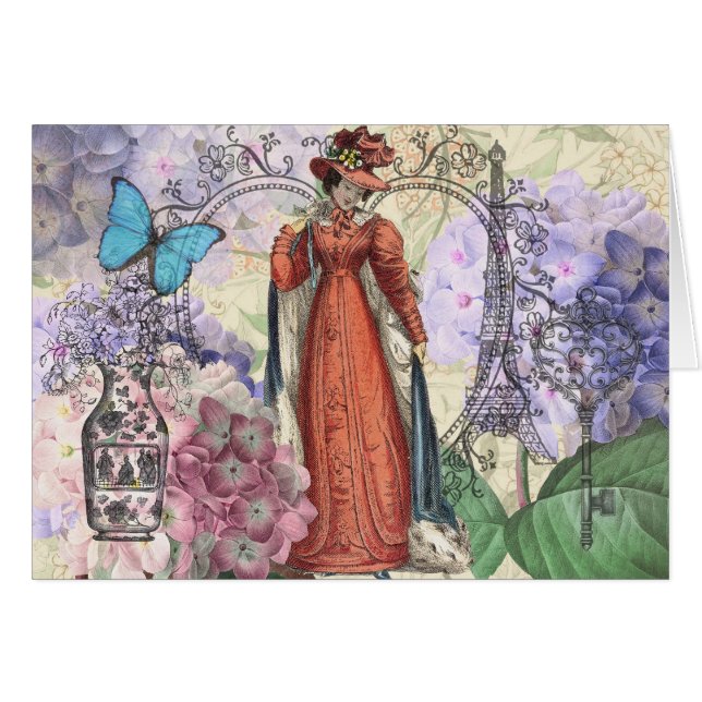 Cartão Mulher vitoriana na moda vermelha colorido (Frente Horizontal)