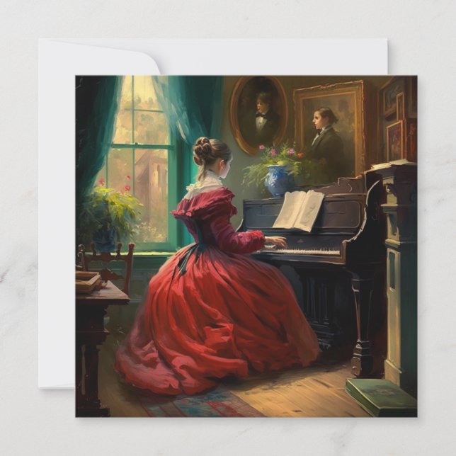 Cartão Mulher vitoriana tocando piano, pintura a óleo (Frente)