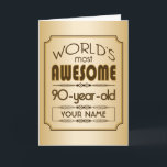 Cartão Mundo Dourado da celebração do aniversário do 90<br><div class="desc">Comemore o aniversário do marco miliário de seu idoso favorito com este presente elegante que lembra os de como fabuloso são. Limpe linhas e os tons do marrom,  do ouro e do creme compo este design simples que você pode personalizar com nomes,  iniciais ou o outro texto.</div>