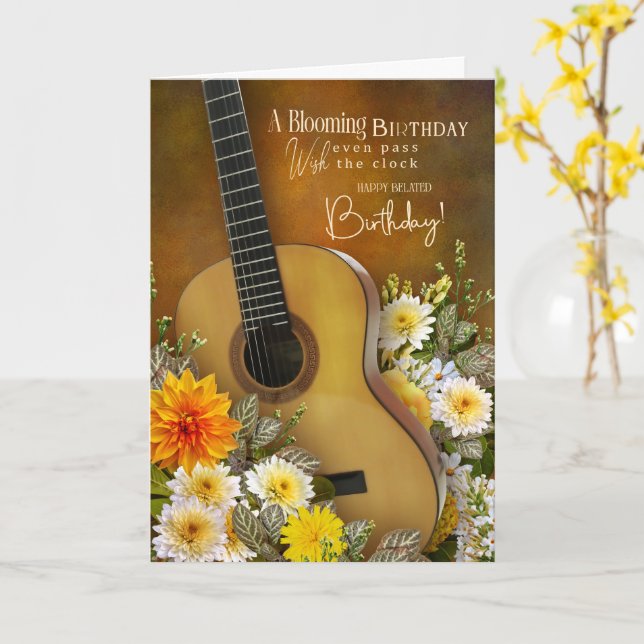 Cartão Music Theme Belated Birthday Card – Guitar Design (Flor Amarela)